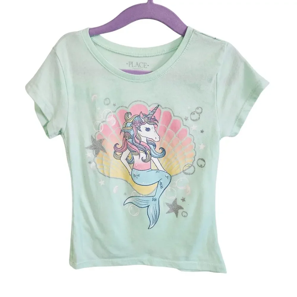 Children's Place T-Shirt XS Unicorn Mermaid Graphic Tee Shirt Light Green